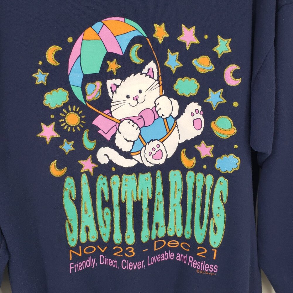 Vintage Sagittarius Zodiac Sweatshirt M Parachute Cat Graphic Stars Navy Teal - Picture 5 of 8